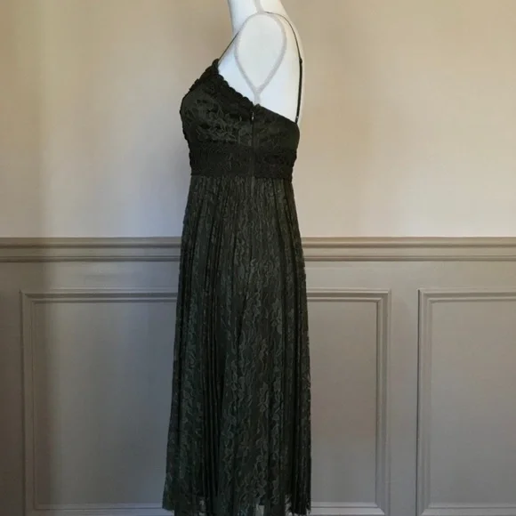 Sue Wong Olive Green Floral Crochet Lace Midi Dress Pleated 2 Formal - Picture 5 of 8